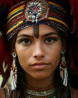 portrait de une magnifique Jeune femme portant une originaire de coiffure génératif ai photo