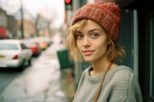 portrait de une magnifique Jeune femme portant une tricoté chapeau sur le rue génératif ai photo