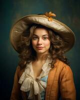 portrait de une magnifique Jeune femme portant une grand chapeau sur une foncé Contexte génératif ai photo