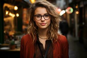 portrait de une magnifique Jeune femme portant lunettes dans une ville rue à nuit génératif ai photo