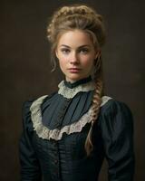 portrait de une magnifique Jeune femme avec tresses dans sa cheveux génératif ai photo