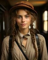 portrait de une magnifique Jeune femme avec tresses et une chapeau génératif ai photo