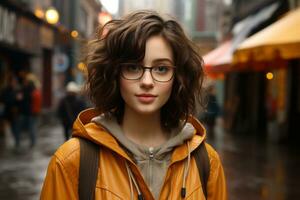 portrait de une magnifique Jeune femme avec des lunettes sur le rue génératif ai photo