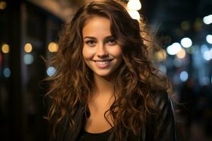 portrait de une magnifique Jeune femme avec longue frisé cheveux dans le ville à nuit génératif ai photo