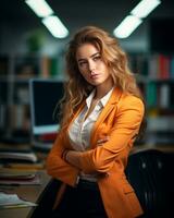 portrait de une affaires femme dans un Bureau avec sa bras franchi génératif ai photo