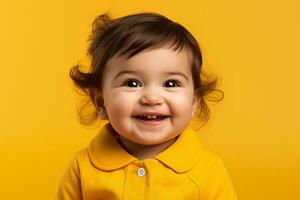 portrait de une mignonne bébé fille souriant sur Jaune Contexte Stock photo génératif ai