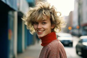 portrait de une souriant Jeune femme avec frisé cheveux sur une ville rue génératif ai photo