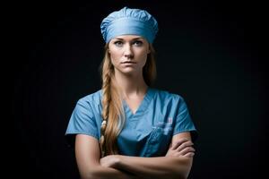 portrait de une Jeune femelle médecin dans bleu gommages permanent avec sa bras franchi sur une noir Contexte Stock photo génératif ai