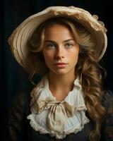 portrait de une Jeune femme dans une chapeau génératif ai photo