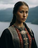 portrait de une Jeune femme dans norvégien traditionnel robe génératif ai photo