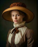 portrait de une Jeune femme portant une marron chapeau génératif ai photo