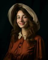 portrait de une Jeune femme portant une chapeau sur une noir Contexte génératif ai photo