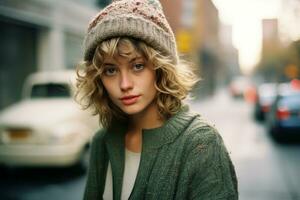 portrait de une Jeune femme portant une tricoté chapeau sur une ville rue génératif ai photo