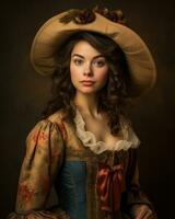 portrait de une Jeune femme portant une grand chapeau génératif ai photo