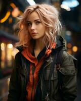 portrait de une Jeune femme avec blond cheveux et un Orange veste permanent dans de face de une train station génératif ai photo