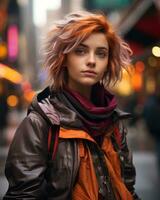 portrait de une Jeune femme avec rouge cheveux sur le rue dans Nouveau york ville génératif ai photo