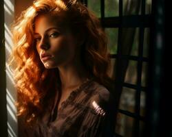 portrait de magnifique rouge aux cheveux femme à la recherche en dehors le fenêtre génératif ai photo