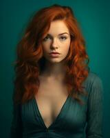 portrait de magnifique rouge aux cheveux femme avec bleu robe sur vert Contexte génératif ai photo