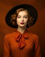 portrait de magnifique femme dans noir chapeau et Orange robe sur marron Contexte génératif ai photo