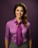 portrait de souriant femme dans violet chemise et attacher sur violet Contexte génératif ai photo