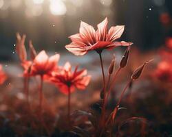 rouge fleurs dans une champ avec le Soleil brillant sur leur génératif ai photo