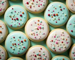 nombreuses décoré sucre biscuits sont arrangé sur une bleu surface génératif ai photo