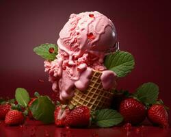 des fraises et la glace crème dans une gaufre cône sur une rouge Contexte génératif ai photo