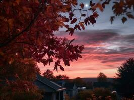 le Soleil ensembles derrière une arbre avec rouge feuilles génératif ai photo