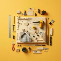 divers outils et bâtiment matériaux arrangé sur une Jaune Contexte génératif ai photo