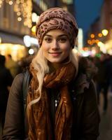 une magnifique Jeune femme dans une hiver chapeau et écharpe permanent dans le milieu de une ville rue à nuit génératif ai photo