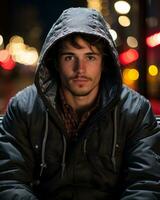 une homme dans une encapuchonné veste séance sur une banc à nuit génératif ai photo