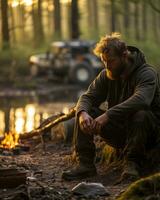 une homme séance par une feu de camp dans le les bois génératif ai photo