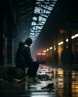 une homme séance sur une banc dans une train station à nuit génératif ai photo