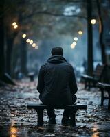 une homme séance sur une parc banc dans le pluie génératif ai photo