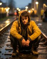 une homme séance sur une train Piste génératif ai photo