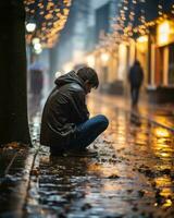 une homme séance sur le sol dans le pluie génératif ai photo