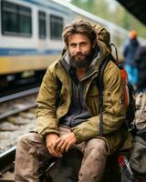 une homme avec une barbe séance sur une train Plate-forme génératif ai photo