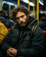 une homme avec une barbe séance sur une métro train génératif ai photo