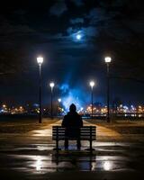 une la personne séance sur une parc banc à nuit génératif ai photo