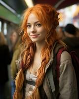 une femme avec rouge cheveux et tresses sur une train génératif ai photo