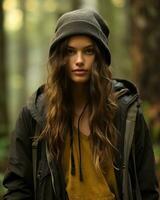 une Jeune femme avec longue cheveux et une chapeau dans le les bois génératif ai photo