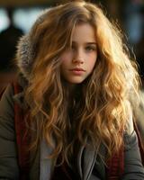 une Jeune femme avec longue cheveux séance dans une train station génératif ai photo