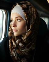magnifique Jeune musulman femme séance sur le train à la recherche en dehors le fenêtre génératif ai photo