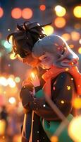 anime couple embrasser dans de face de une ville à nuit. génératif ai. photo