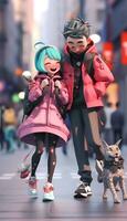 dessin animé personnages de une couple et une chat sur une ville rue. génératif ai. photo