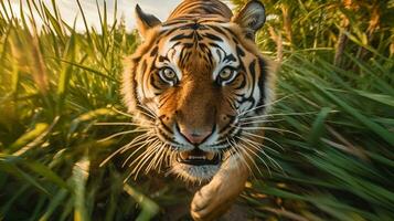 là est une tigre en marchant par le grand herbe dans le sauvage. génératif ai. photo