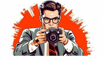 une homme prise une image avec une caméra avec une rouge Contexte. génératif ai. photo