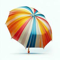 vivement coloré parapluie avec en bois manipuler sur blanc Contexte. génératif ai. photo