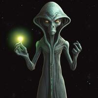 extraterrestre avec embrasé vert lumière dans main et embrasé doigt. génératif ai. photo