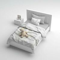 là est une nounours ours séance sur une lit avec une oreiller. génératif ai. photo